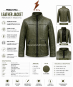 Olive leather jacket with stand collar, front zipper closure, slanted side zipper pockets, textured finish, and NGL logo on white background.