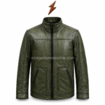 Olive leather jacket with open front zipper, dark inner lining, textured leather shell, and centered newgenuineleather.com