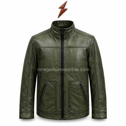 Olive leather jacket with open front zipper, dark inner lining, textured leather shell, and centered newgenuineleather.com