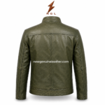 Back view of olive leather jacket with stand collar, center back seam, shoulder yoke stitching, sleeve panels, and clean rear body.