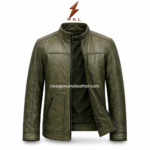 Product specs image of olive leather jacket showing stand collar, front zip closure, side zip pockets, back view, inner view, and color swatch.