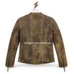 Olive leather moto jacket with distressed brown finish, asymmetrical zipper, paneled body seams, zip pockets, zipper cuffs, and NGL logo