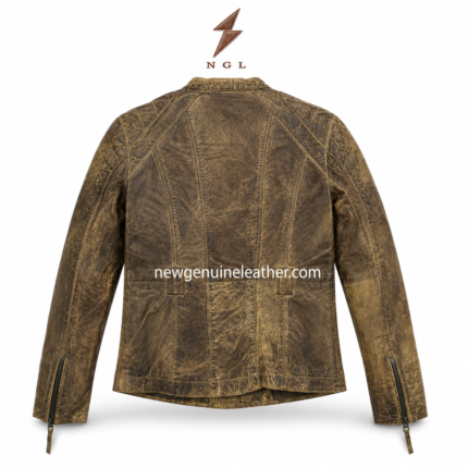Olive leather moto jacket with distressed brown finish, asymmetrical zipper, paneled body seams, zip pockets, zipper cuffs, and NGL logo