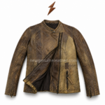 Olive leather moto jacket inner pose with open asymmetrical zipper, dark lining, distressed leather texture