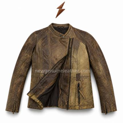 Olive leather moto jacket inner pose with open asymmetrical zipper, dark lining, distressed leather texture