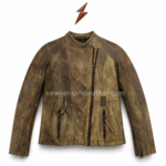 Back view of olive leather moto jacket with distressed olive-brown finish, multi-panel rear seams, long sleeves, zipper