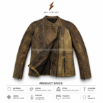 Product specs image of olive leather moto jacket showing stand collar, asymmetrical zipper, zip pockets, zip cuffs, paneled seams, color swatch, and OEM options.