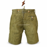 Embroidered olive suede lederhosen shorts with floral front bib pattern, contrast piping, horn-style buttons, and knee-length cut