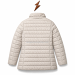 Long quilted puffer jacket wholesale color range in beige, black, navy, olive, and brown with stand collar and front zipper