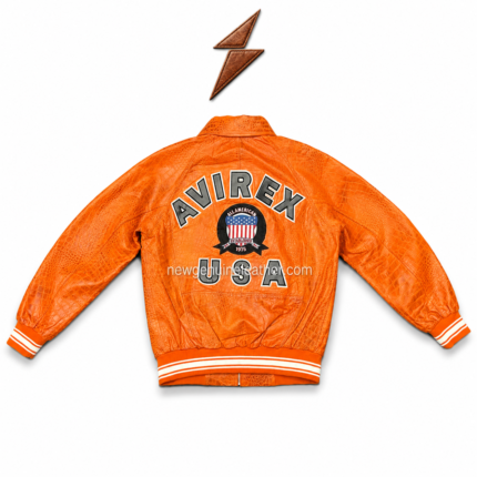 Orange crocodile bomber jacket open-front view with grey lining, front zipper, side welt pockets, and striped rib hem