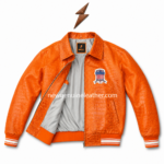 Orange crocodile bomber jacket back view with large USA-style appliqué, central emblem, ribbed hem, and embossed leather surface