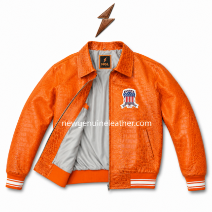 Orange crocodile bomber jacket back view with large USA-style appliqué, central emblem, ribbed hem, and embossed leather surface