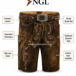 Belted embroidered lederhosen shorts with ornate silver buckle belt and leather texture