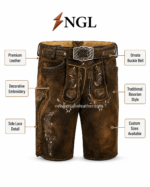 Belted embroidered lederhosen shorts with ornate silver buckle belt and leather texture