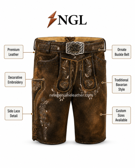 Belted embroidered lederhosen shorts with ornate silver buckle belt and leather texture