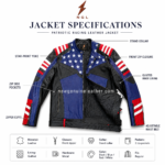 Patriotic racing leather jacket wholesale product image showing quilted black lining, zipper front and adjustable waist belt