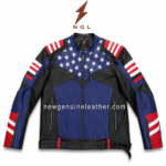 Patriotic racing leather jacket wholesale design with stars, sleeve stripes, zip pockets and bold blue black leather panels