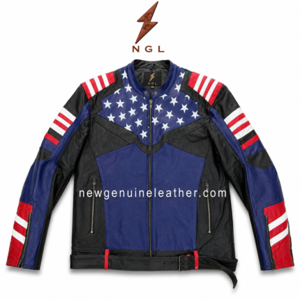Patriotic racing leather jacket wholesale design with stars, sleeve stripes, zip pockets and bold blue black leather panels