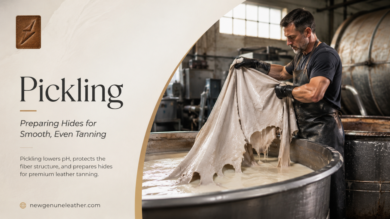 Leather hides being treated in the pickling process with acid and salt to prepare them for premium leather tanning at newgenuneleather.com