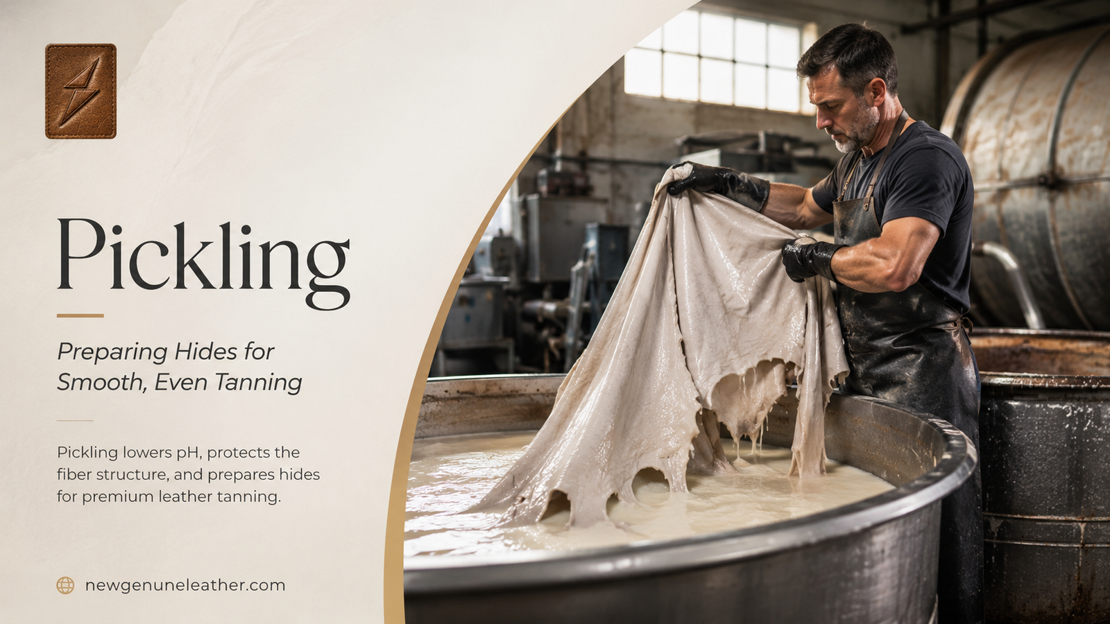 Leather hides being treated in the pickling process with acid and salt to prepare them for premium leather tanning at newgenuneleather.com