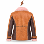 Pink fur leather jacket with tan crocodile embossed texture and dark brown side panels