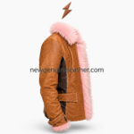 Pink fur leather jacket with plush faux fur collar and front trim