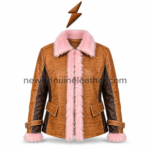 Pink fur leather jacket back view with crocodile embossed leather panel
