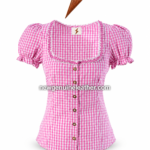 NGL pink gingham dirndl blouse with square lace neckline, puff sleeves, pink and white check pattern, front buttons, and clean catalog styling