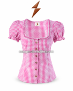 NGL pink gingham dirndl blouse with square lace neckline, puff sleeves, pink and white check pattern, front buttons, and clean catalog styling