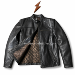 Plain cow leather jacket front view with smooth black leather panels, chest zip pocket and two slanted side pockets