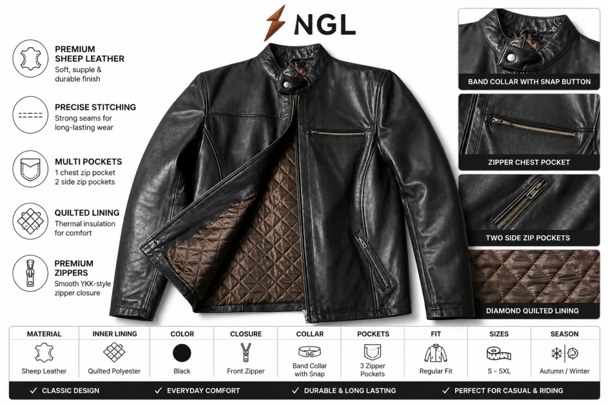 Black cow leather jacket with band collar, snap button tab, full zipper closure and brown quilted inner lining