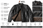 Black cow leather jacket with band collar, snap button tab, full zipper closure and brown quilted inner lining