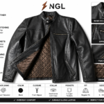 Black cow leather jacket with band collar, snap button tab, full zipper closure and brown quilted inner lining