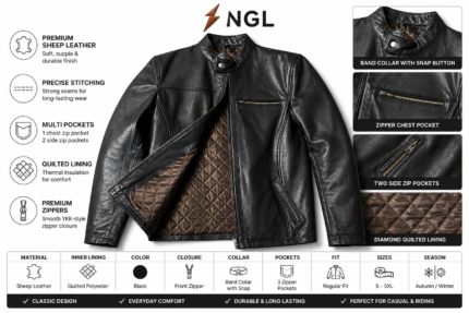 Black cow leather jacket with band collar, snap button tab, full zipper closure and brown quilted inner lining