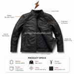 OEM black cafe racer leather jacket with quilted shoulder panels, front zipper closure, stitched panel design, and colour