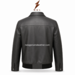 Pointed collar leather jacket in black with open front zipper, soft inner lining, smooth leather finish, and centered
