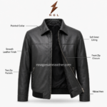Back view of pointed collar leather jacket with smooth black leather panel, clean shoulder seam, ribbed hem, and cuff details.