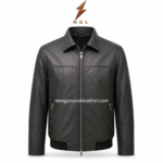 Product specs image of pointed collar leather jacket showing smooth leather finish, front zip closure, two zip pockets, lining, and ribbed hem.