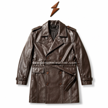 OEM belted leather trench coat colour options with flap pockets, adjustable cuff straps, waist belt, and NGL