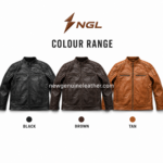Premium black cafe racer leather jacket displayed with brown and tan colour options, zipper pockets, ribbed shoulders, and clean