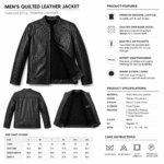 Quilted black sherpa lined leather jacket featuring textured leather, metal zippers, stand collar, and warm inner lining.