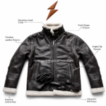 Black shearling leather jacket colour range with dark brown and tan options, white shearling trim, high collar