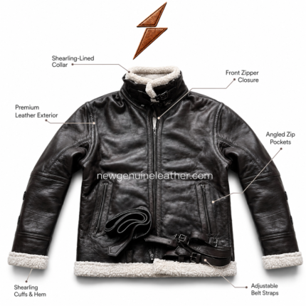 Black shearling leather jacket colour range with dark brown and tan options, white shearling trim, high collar