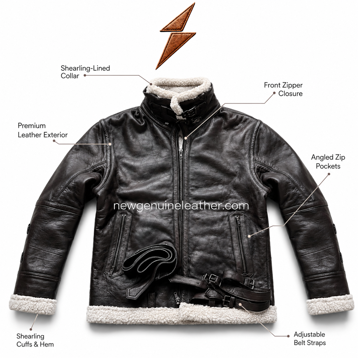 Premium Black Shearling Leather Jacke Black shearling leather jacket colour range with dark brown and tan options, white shearling trim, high collar