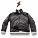 Premium black shearling leather jacket with white hem trim, zipper front