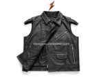 Back view of black leather vest from custom leather vest manufacturer with stitched panel design and smooth black leather surface