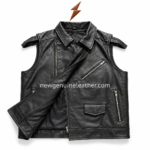 Back view of black leather vest from custom leather vest manufacturer with stitched panel design and smooth black leather surface