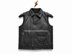 Custom leather vest manufacturer detail image showing metal zipper pockets, black leather grain, collar stitching
