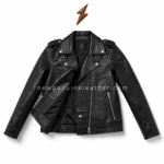 Crocodile embossed biker jacket on white background with NGL leather logo at top and newgenuineleather.com watermark across center