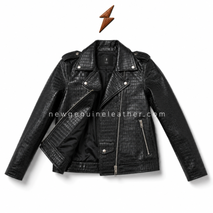 Crocodile embossed biker jacket on white background with NGL leather logo at top and newgenuineleather.com watermark across center